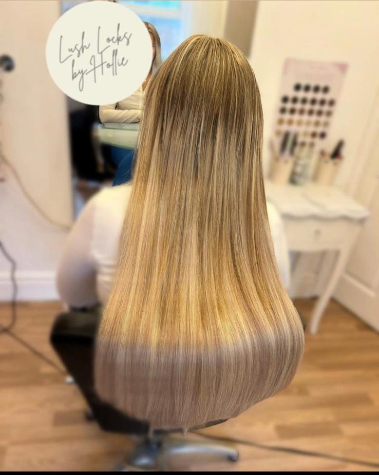 Long blonde hair extension finish